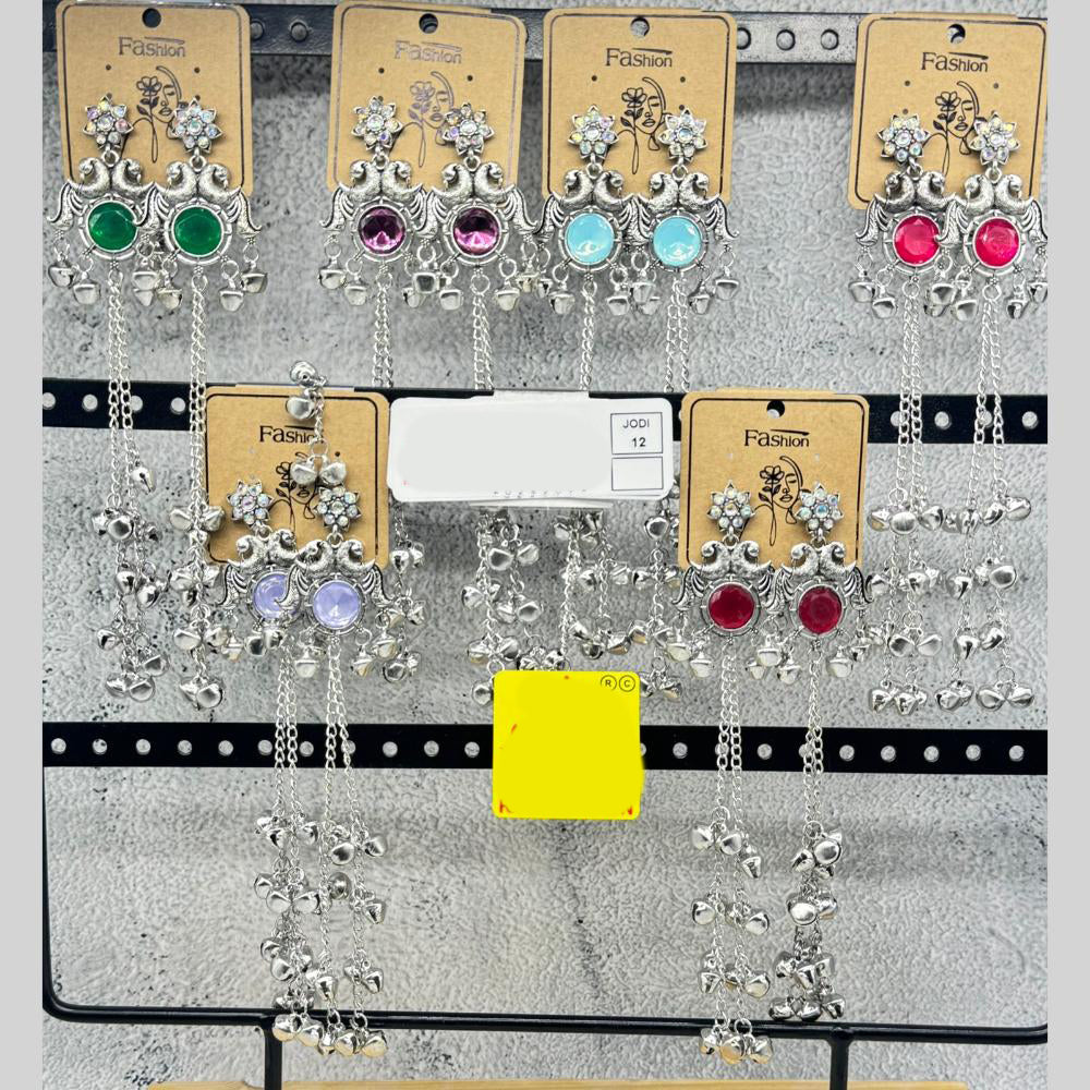 Raj Imitation Oxidised Plated Pota Stone And Ghungroo Kashmiri Dangler Earrings for Women (Pack of 12)