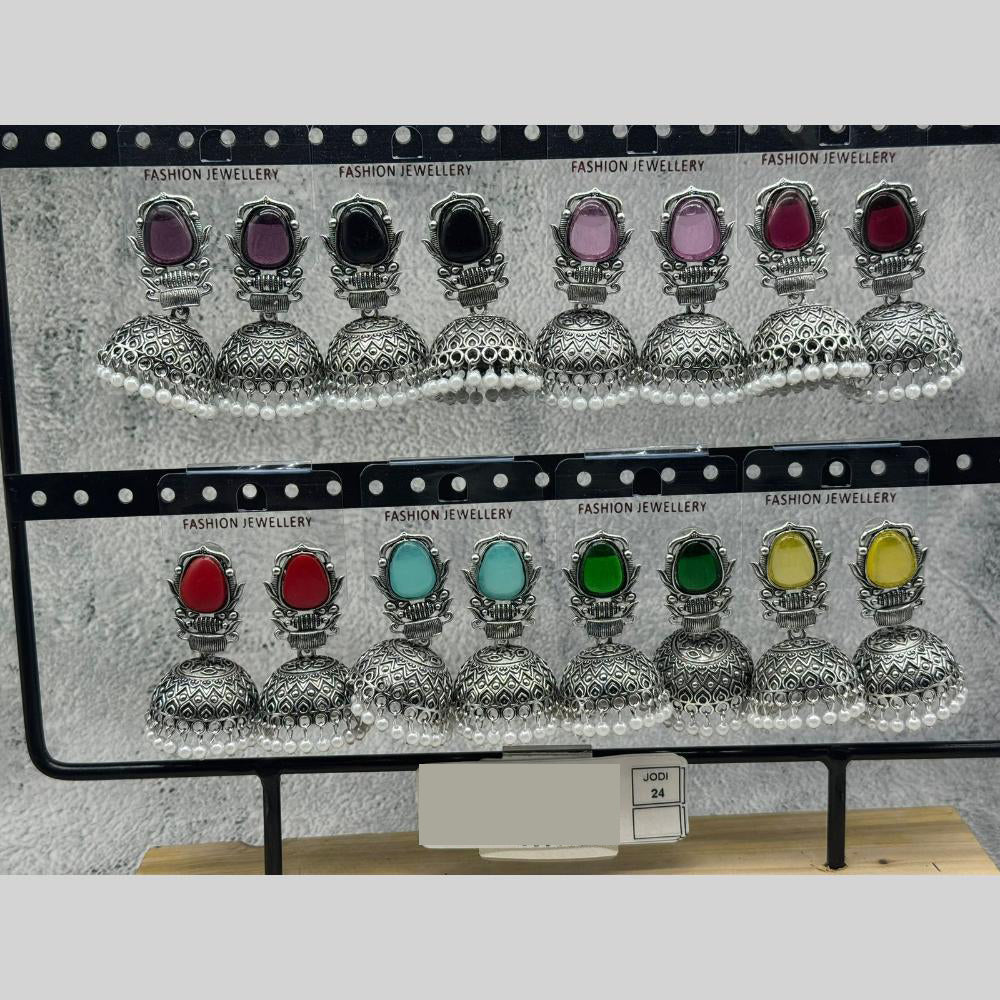 Raj Imitation Oxidised Pota Stone And Pearl Jhumki Earrings (Set of 24)