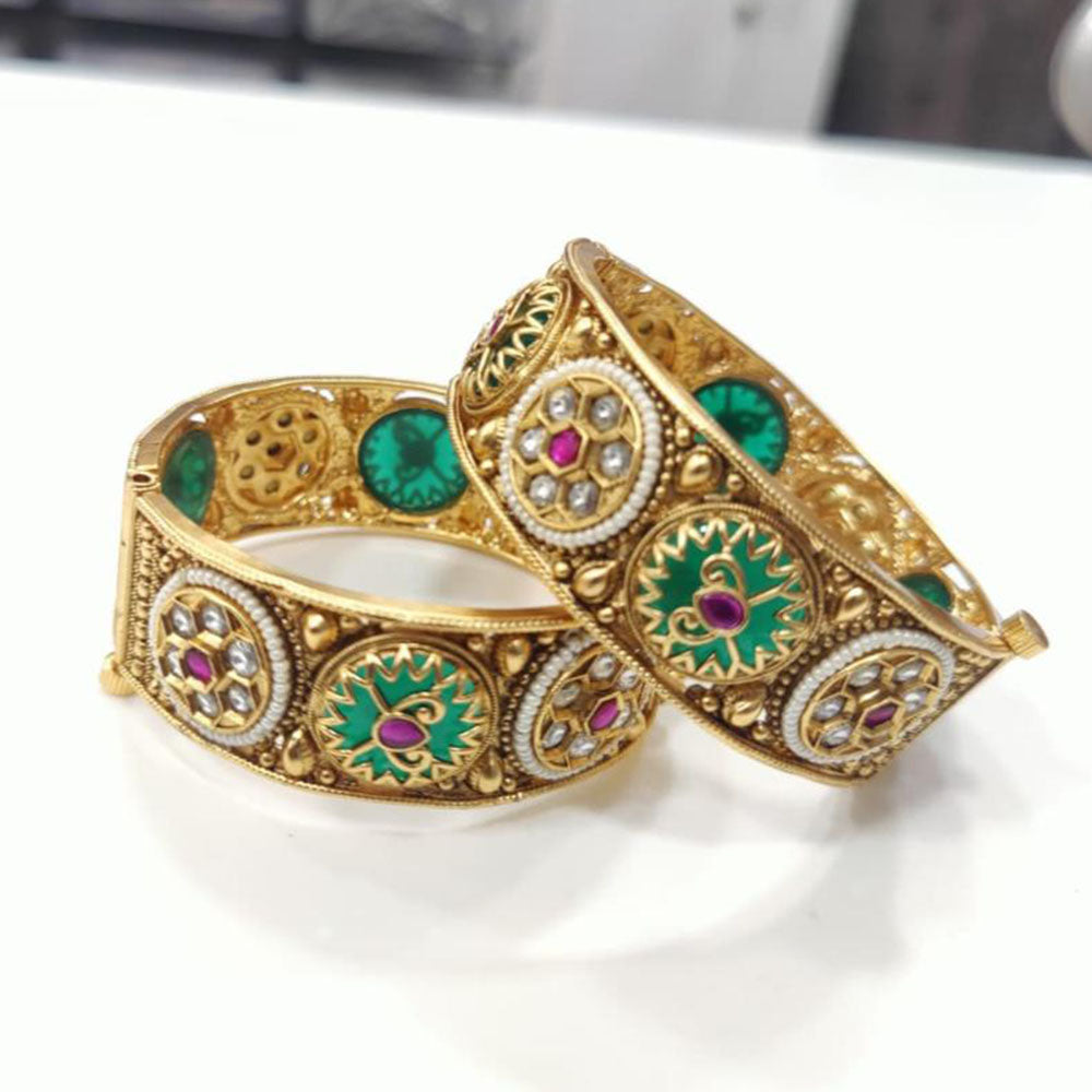 Tanish Art Jewellery Heritage Pota Stone And Pearl Openable Bangles Set