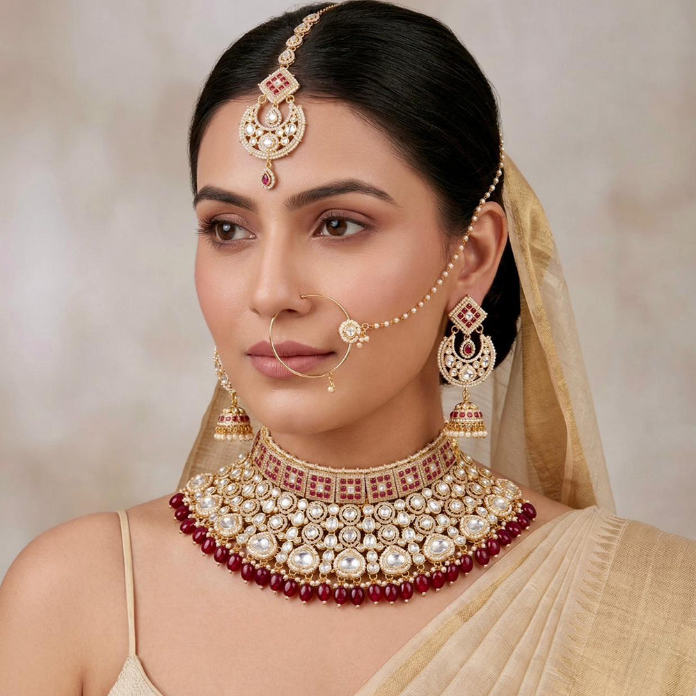 Tanish Art Jewellery Graceful Kundan Stone And Beads Semi-Bridal Choker Necklace Set