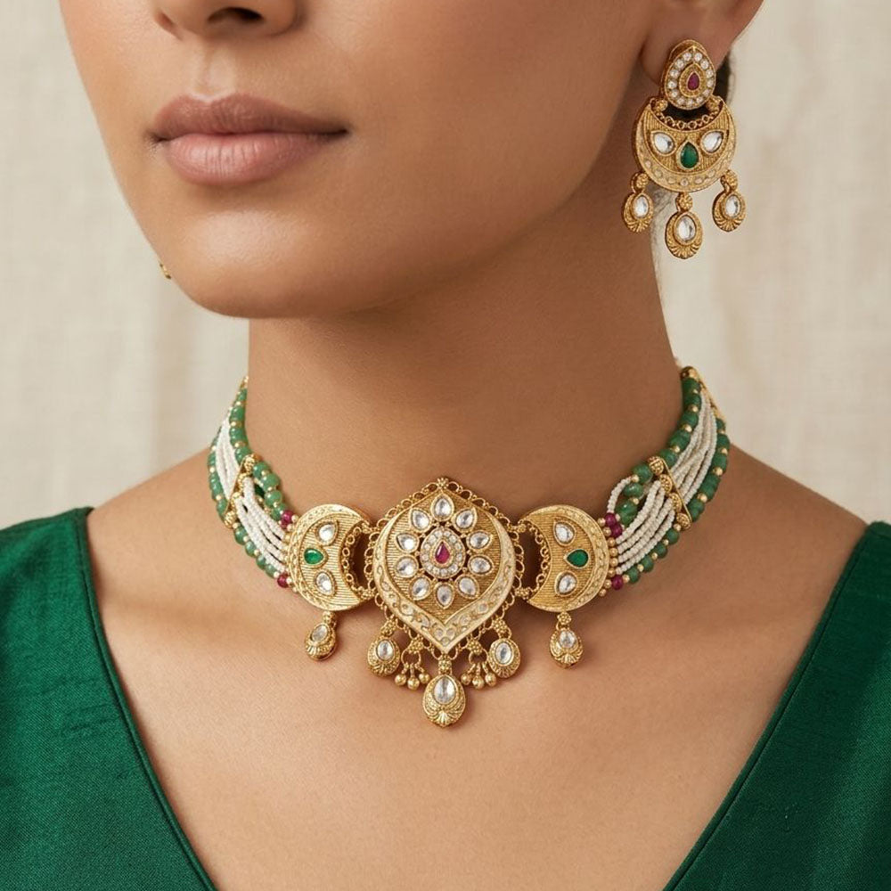 Tanish Art Jewellery Pota Stone And Pearl Meenakari Choker Necklace Set