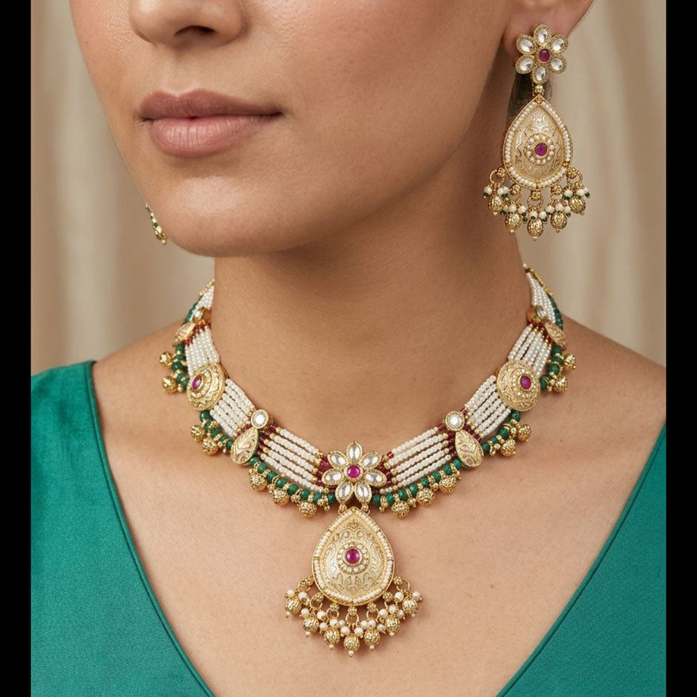 Tanish Art Jewellery Pota Stone And Pearl Meenakari Necklace Set