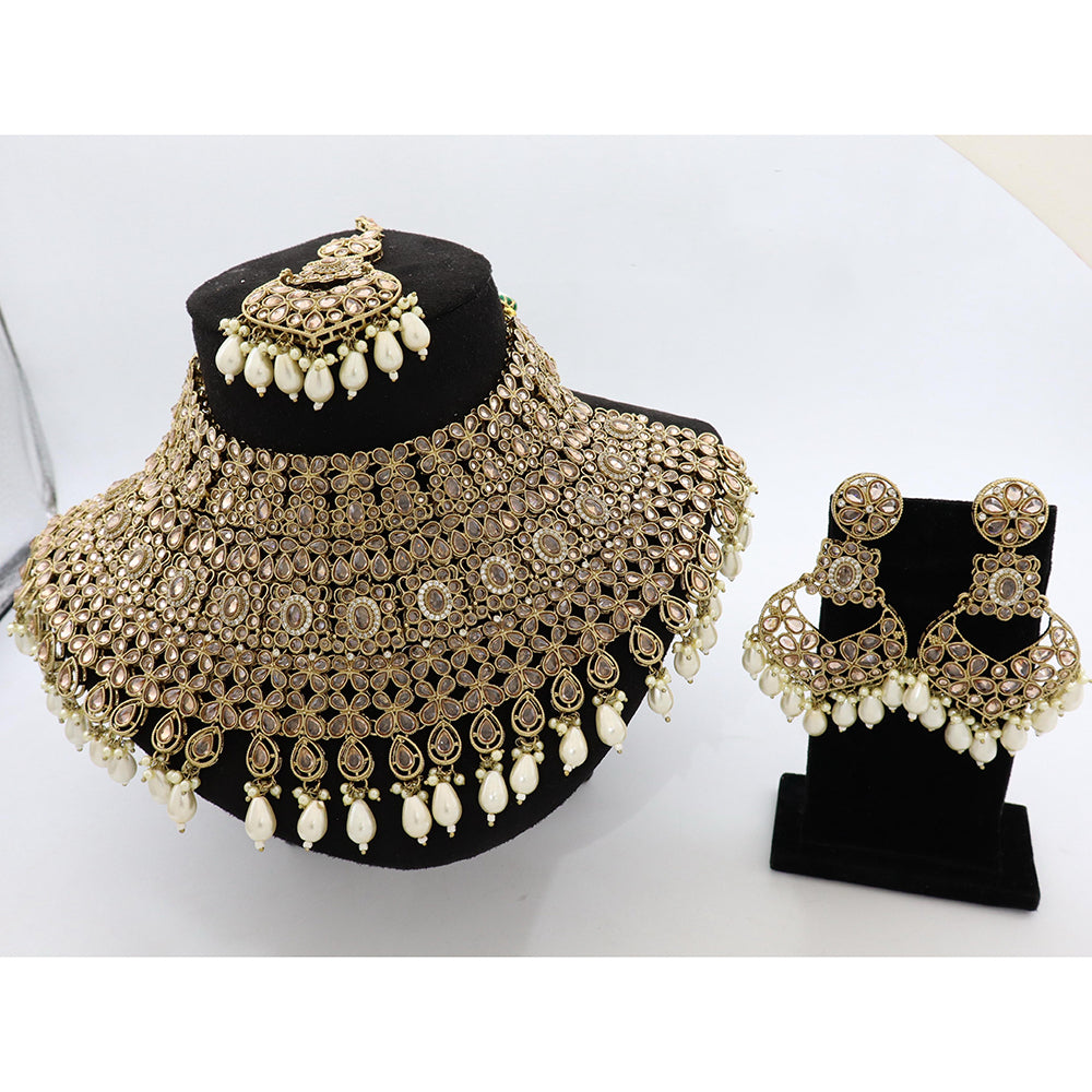 Tanish Art Jewellery Glamorous Crystal Stone Pearl And Beads Choker Necklace Set