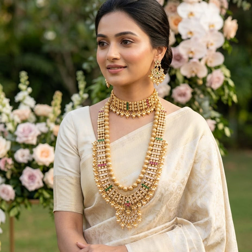 Tanish Art Jewellery Premium Pota Stone And Beads Double Necklace Set