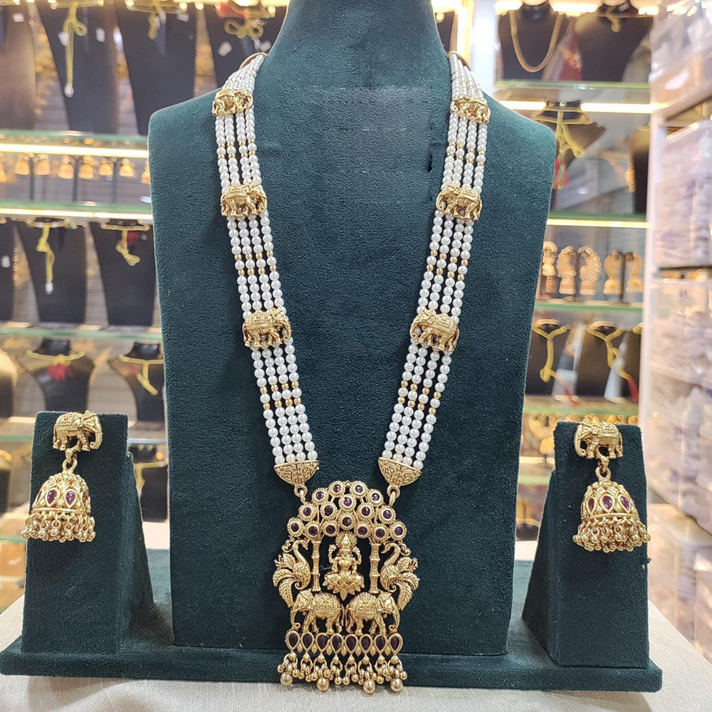 Tanish Art Jewellery Traditional Pota Stone And Pearl Temple Long Necklace Set