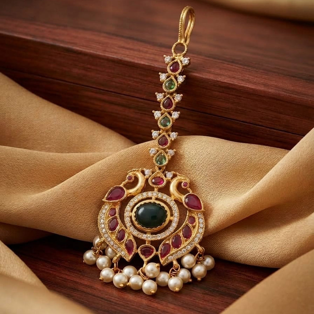 Tanish Art Jewellery Grand Pota Stone And Pearl Maangtikka