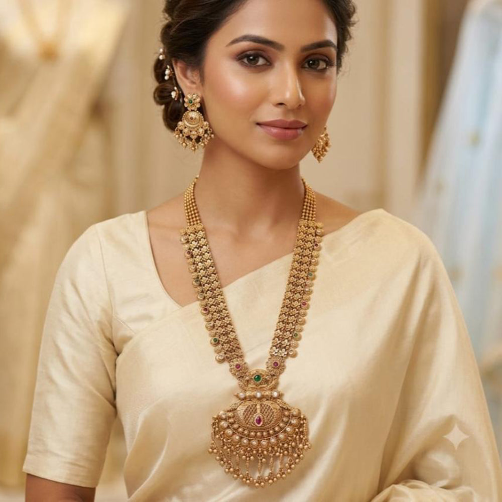 Tanish Art Jewellery Classic Pota Stone Pearl And Beads Long Necklace Set