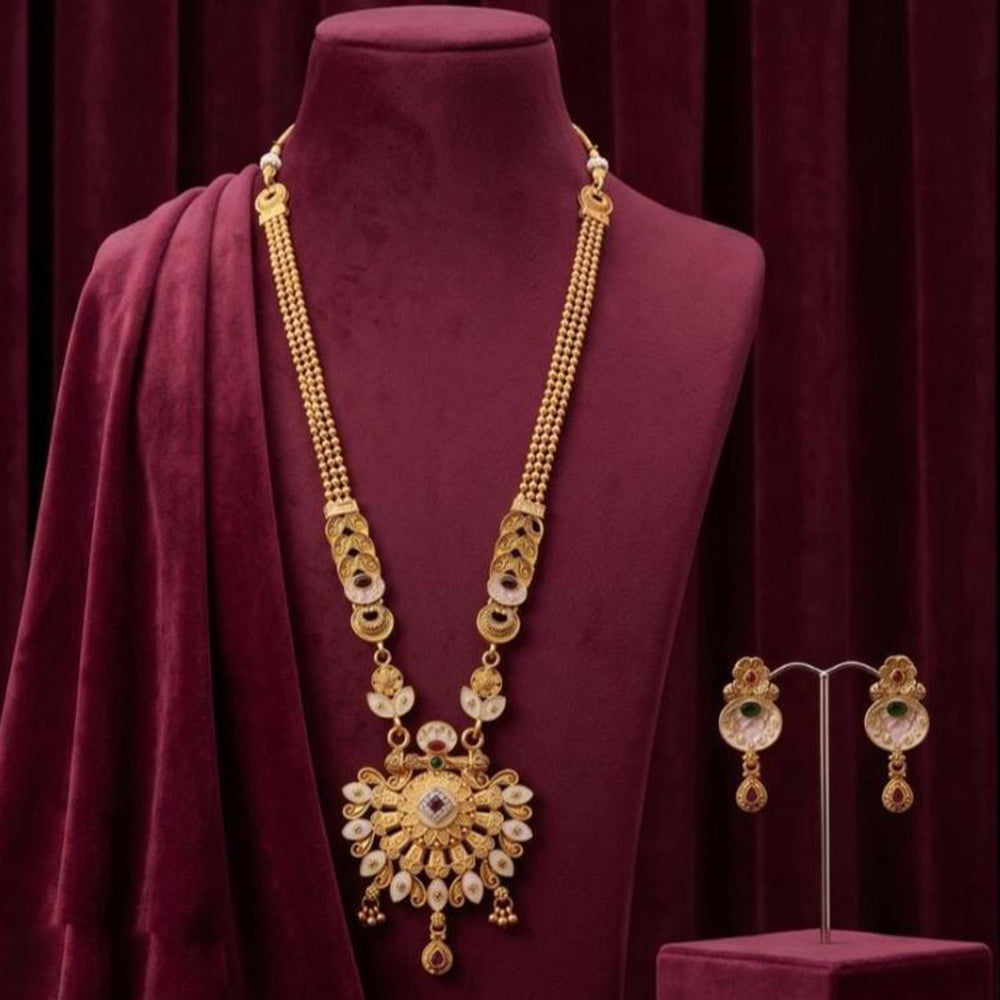 Tanish Art Jewellery Statement Pota Stone And Pearl Meenakari Long Neckalce Set