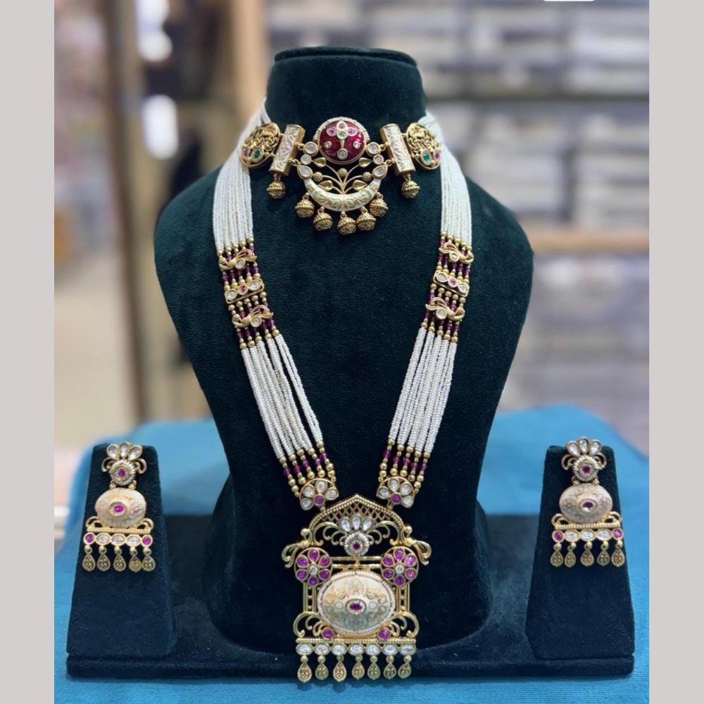 Tanish Art Jewellery Statement Pota Stone And Pearl Meenakari Double Neckalce Set