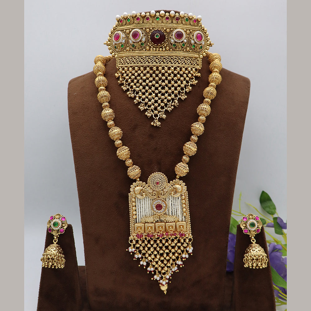 Tanish Art Jewellery Statement Pota Stone And Pearl Double Neckalce Set
