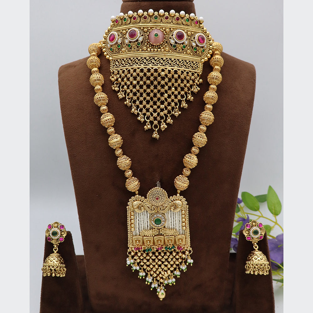 Tanish Art Jewellery Statement Pota Stone And Pearl Double Neckalce Set