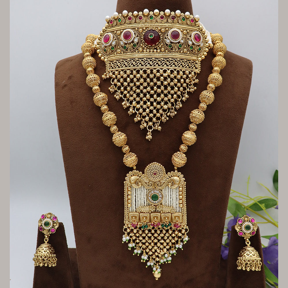 Tanish Art Jewellery Statement Pota Stone And Pearl Double Neckalce Set