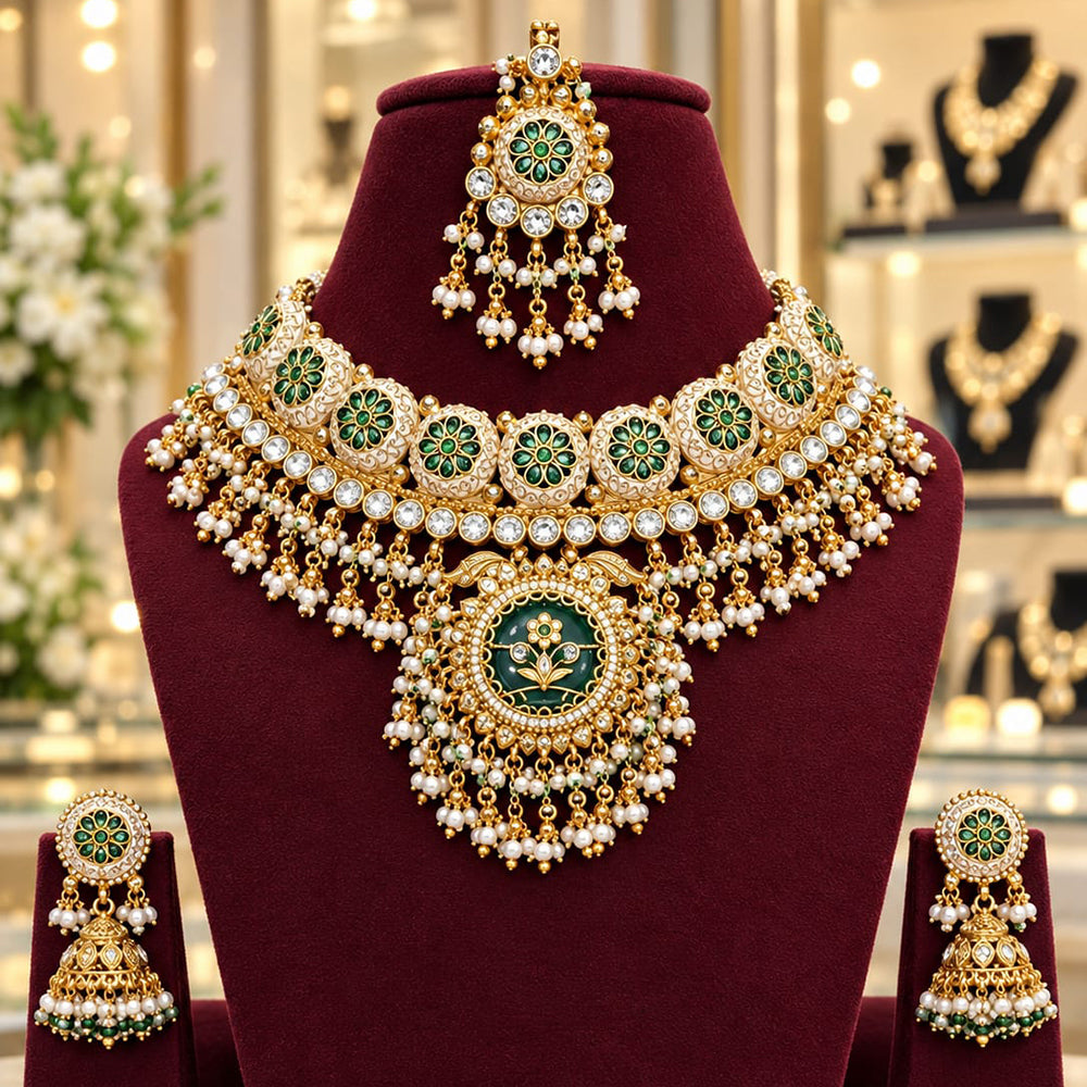 Tanish Art Jewellery Traditional Pota Stone And Pearl Choker Necklace Set