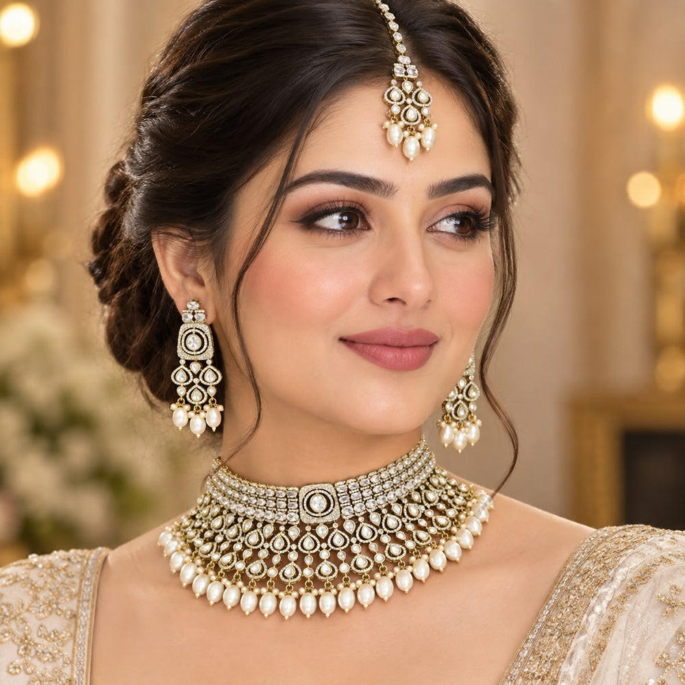 Tanish Art Jewellery Designer American Daimond And Beads Choker Necklace Set