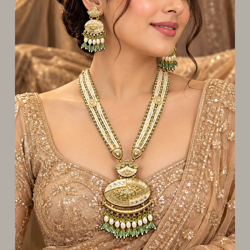 Tanish Art Jewellery Traditional Pota Stone And Beads Meenakari Long Necklace Set