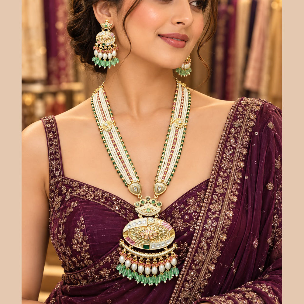 Tanish Art Jewellery Traditional Pota Stone And Beads Meenakari Long Necklace Set