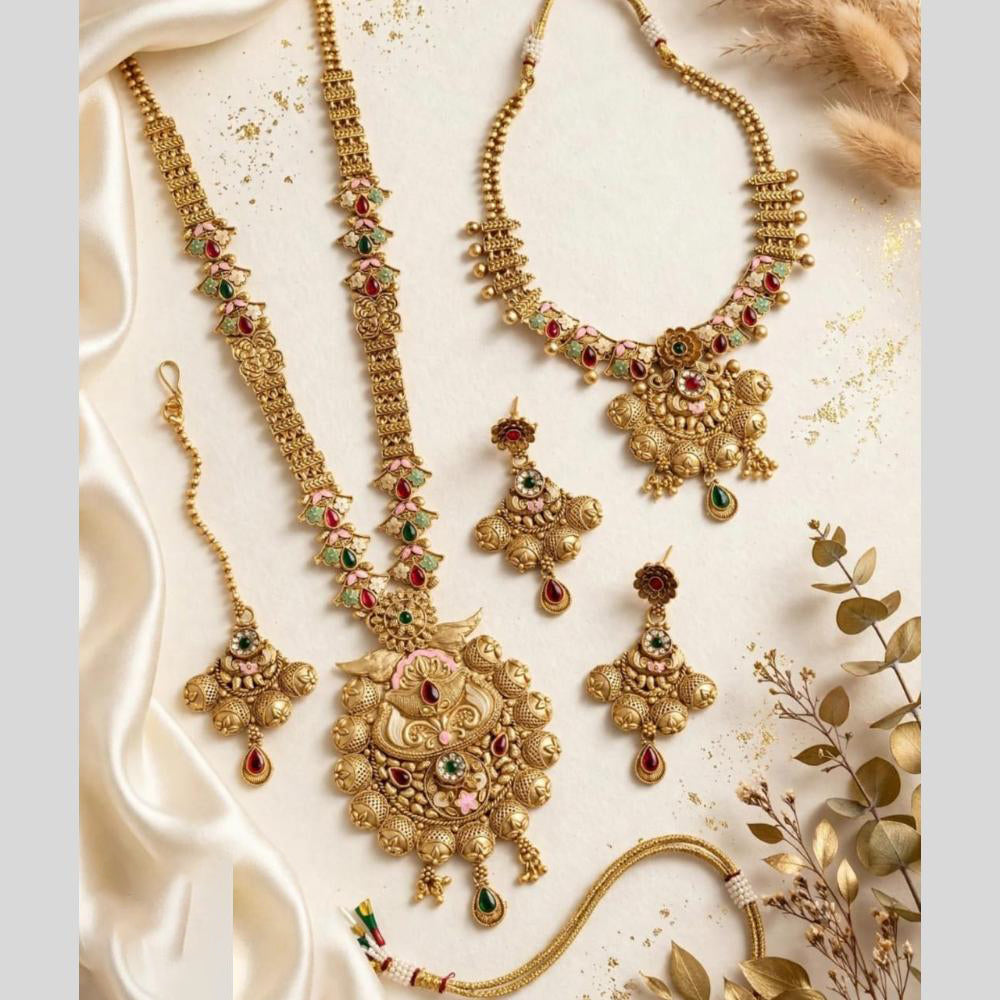 Tanish Art Jewellery Traditional Pota Stone And Beads Meenakari Double Necklace Set