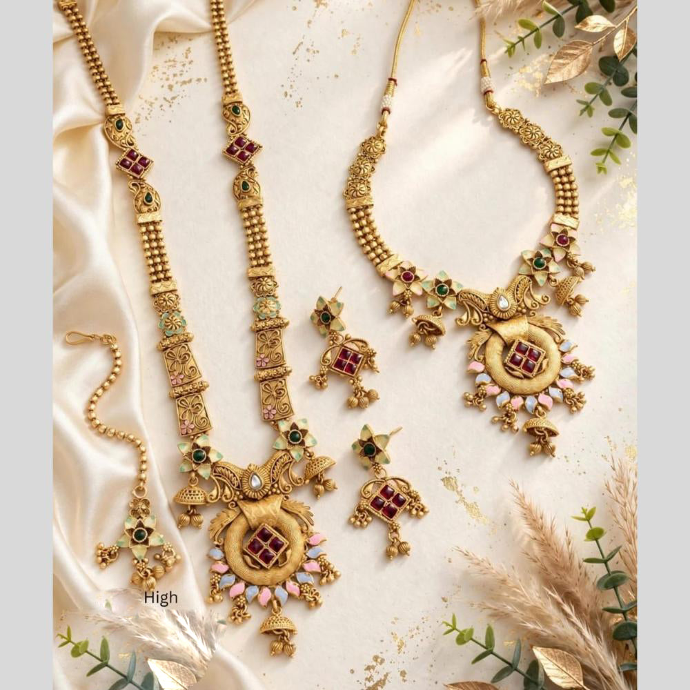 Tanish Art Jewellery Traditional Pota Stone And Beads Meenakari Double Necklace Set