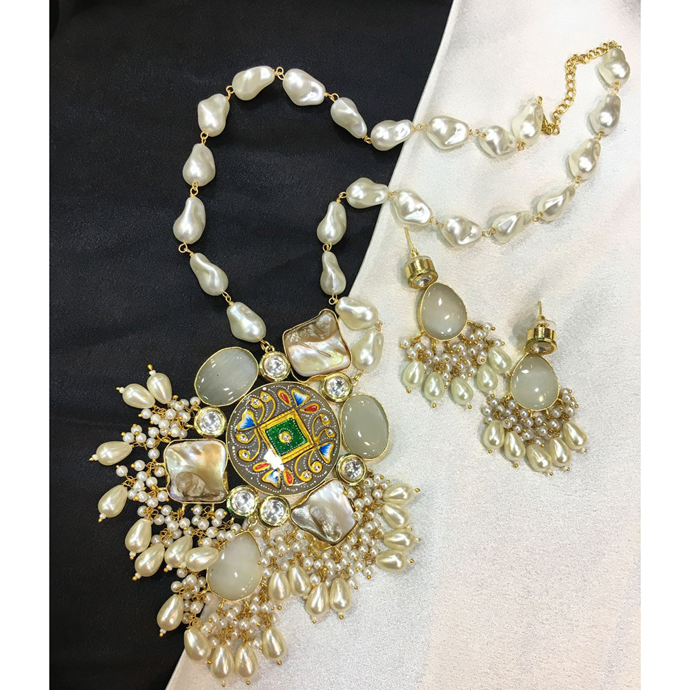 ZF Collection Pota Stone And Mother of Pearl Designer Long Necklace Set