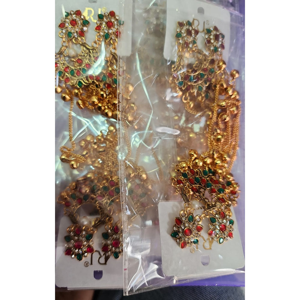Rekha Gold Royal Pota Stone And Ghungroo Kashmiri Dangler Earrings (Pack of 12)