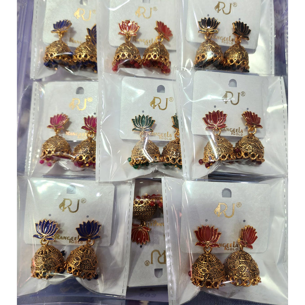 Rekha Gold Royal Lotus Meenakari And Pearl Designer Jhumki Earrings (Pack of 27)