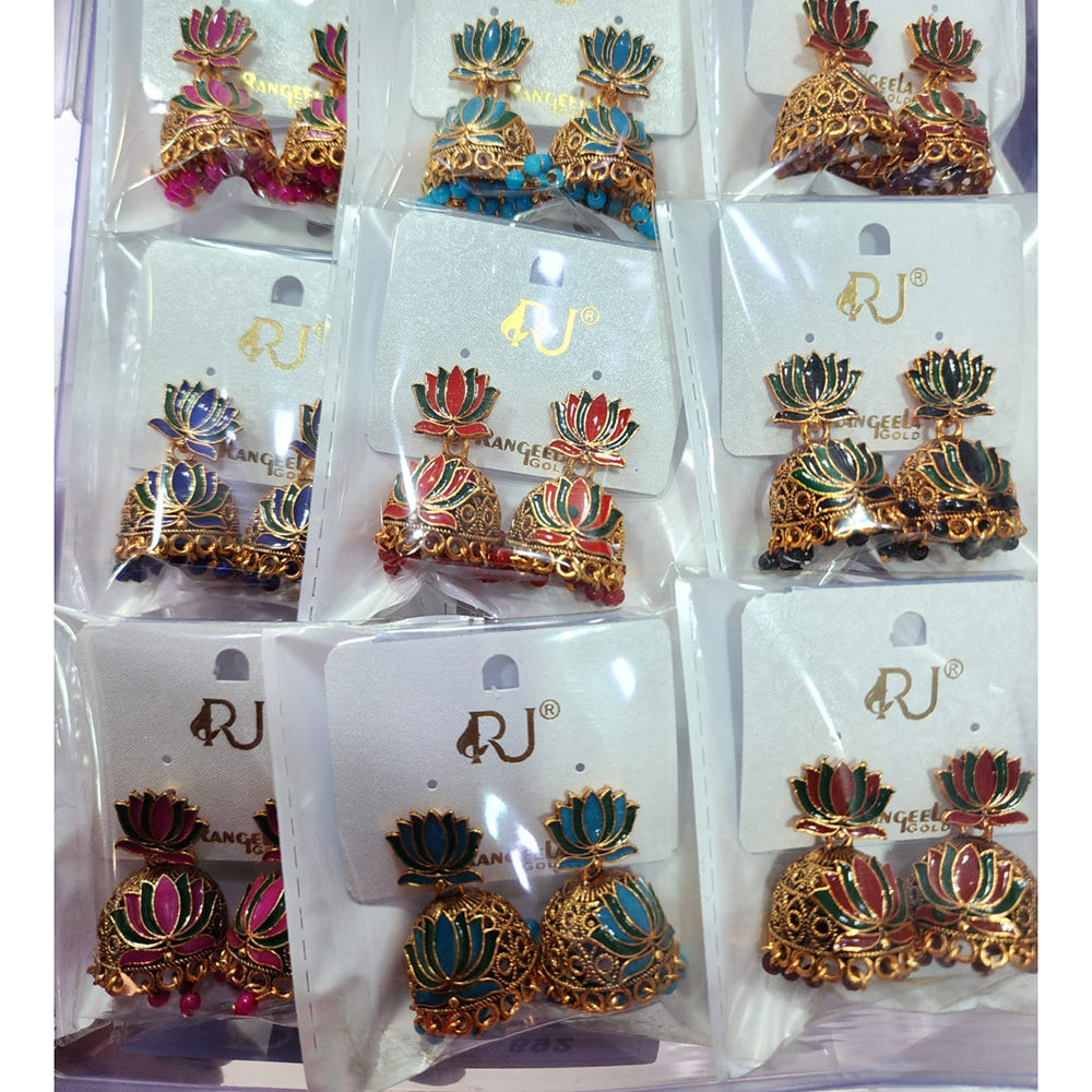 Rekha Gold Royal Lotus Meenakari And Pearl Designer Jhumki Earrings (Pack of 30)