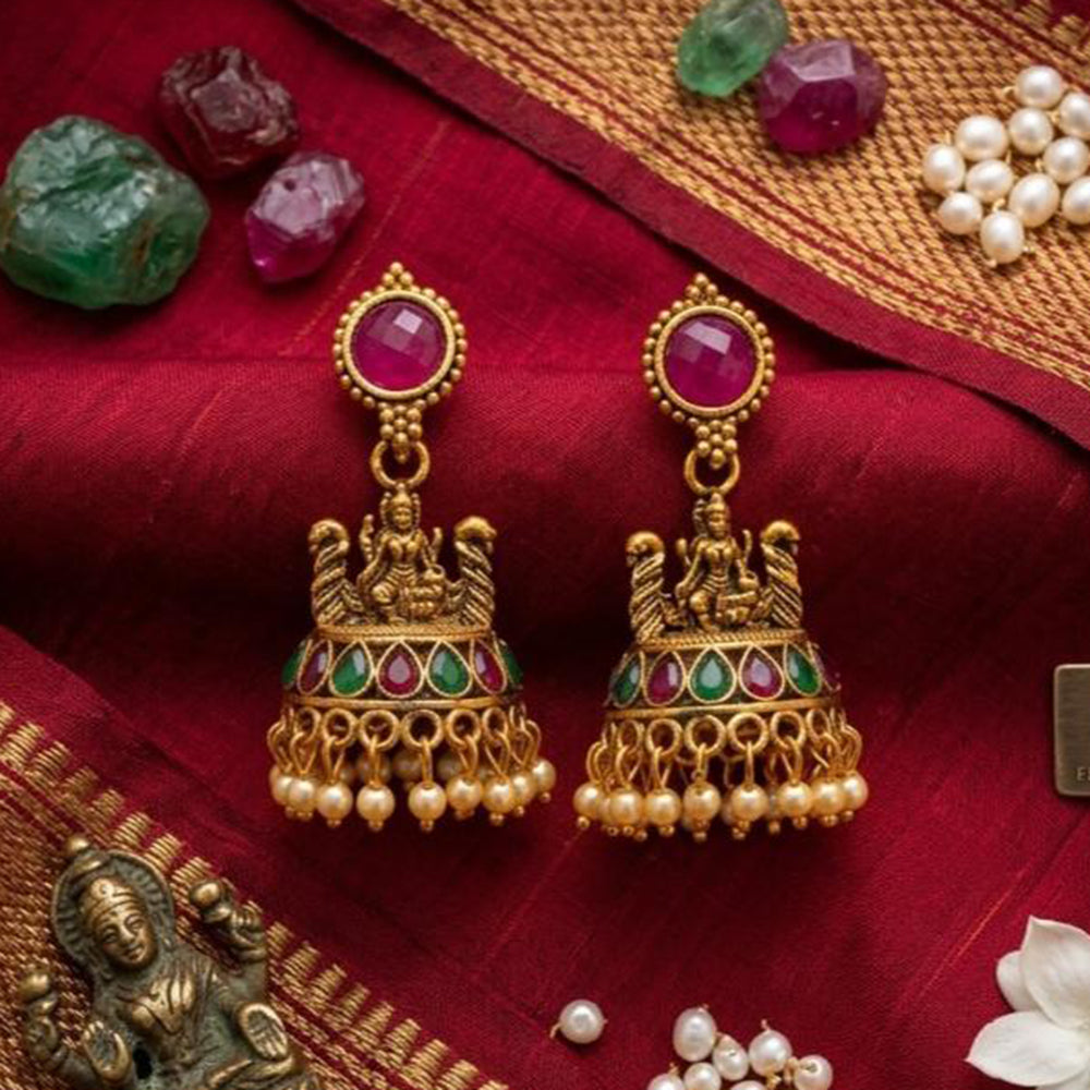 Kishi Jewels Pota Stone And Pearl South Indian Style Temple Jhumki Earrings (Pack of 12)