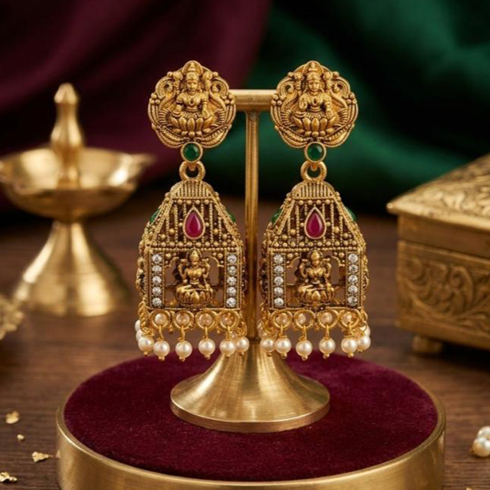 Kishi Jewels Pota Stone And Pearl South Indian Style Temple Jhumki Earrings (Pack of 12)