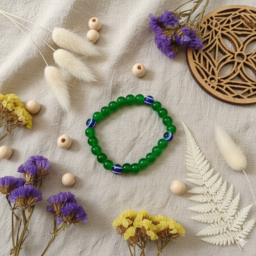 Urthn Trendy Green Beaded Bracelet with Blue Evil Eye Beads ( pack of 6 )
