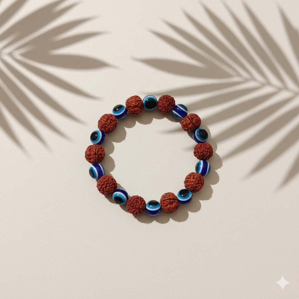 Urthn Evil Eye And Rudraksha Stretchable Bracelet (Pack Of 6)