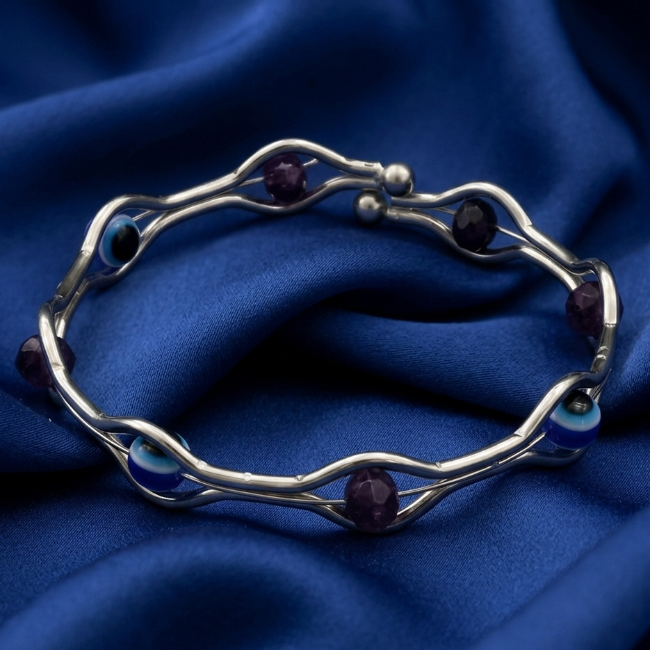Urthn Silver-Tone Evil Eye Beaded Adjustable Kada Bracelet(Pack of 6)