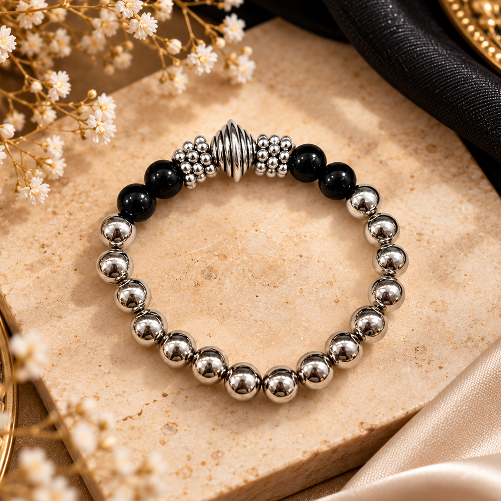 Urthn Stylish Black Beaded with Oxidised Charm Bracelet for Women & Girls
