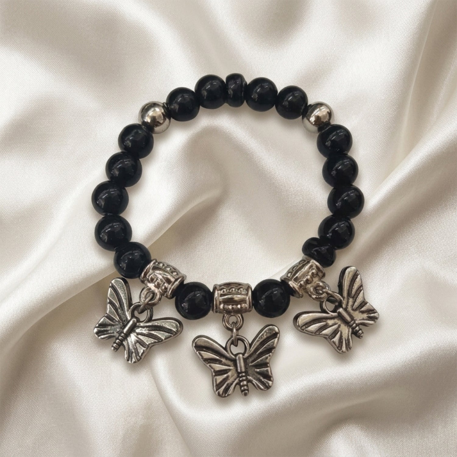 Urthn Unisex Black & Silver Beads Stretchable Bracelets(Pack of 6)