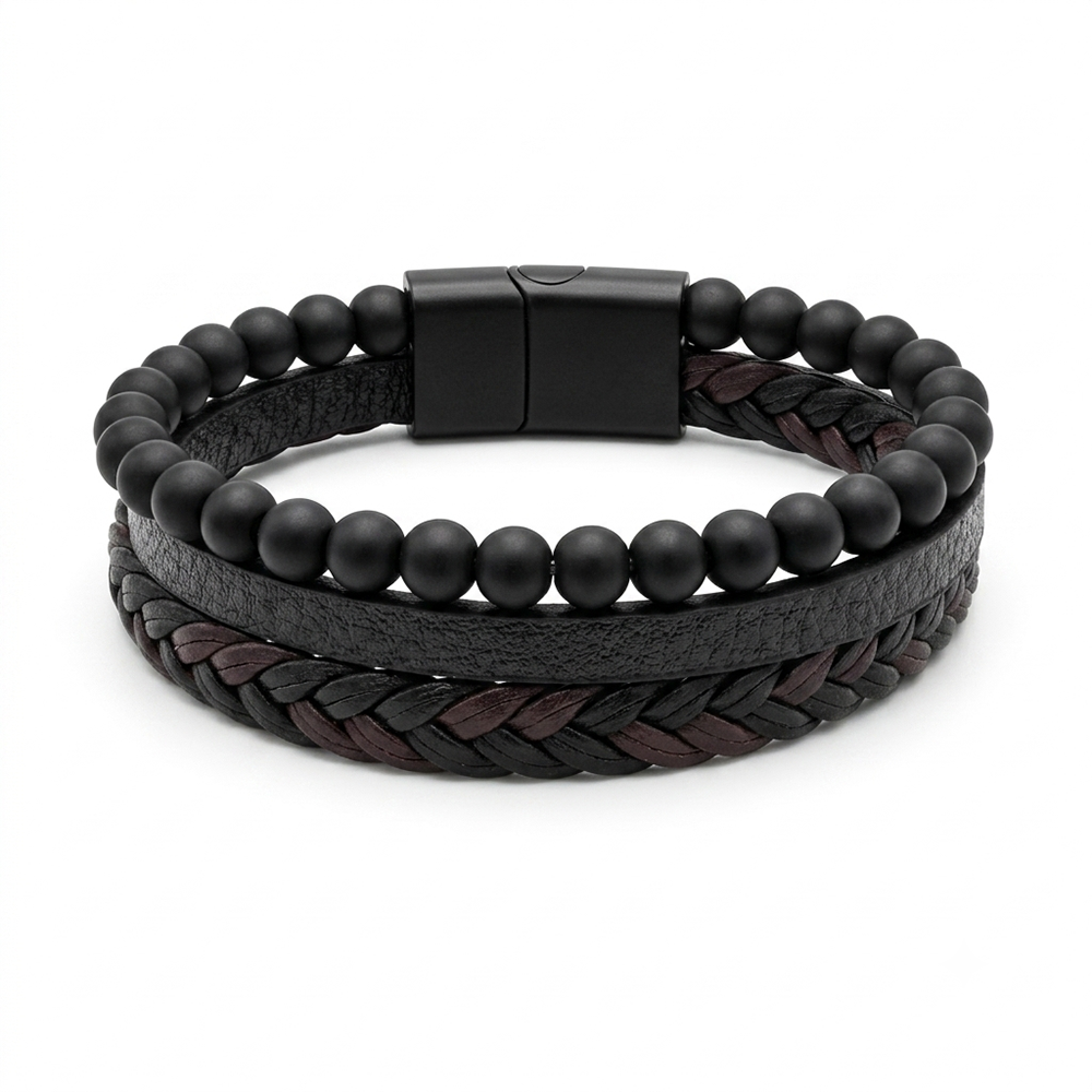 Urthn Layered Beaded Charm Bracelet with Woven Strap Design For Men (Set of 6)