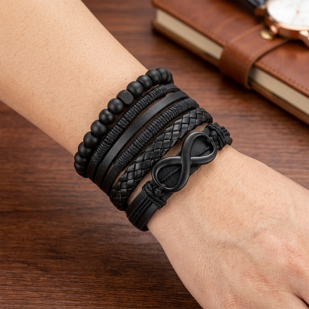 Urthn Layered Beaded Charm Bracelet with Woven Strap Design