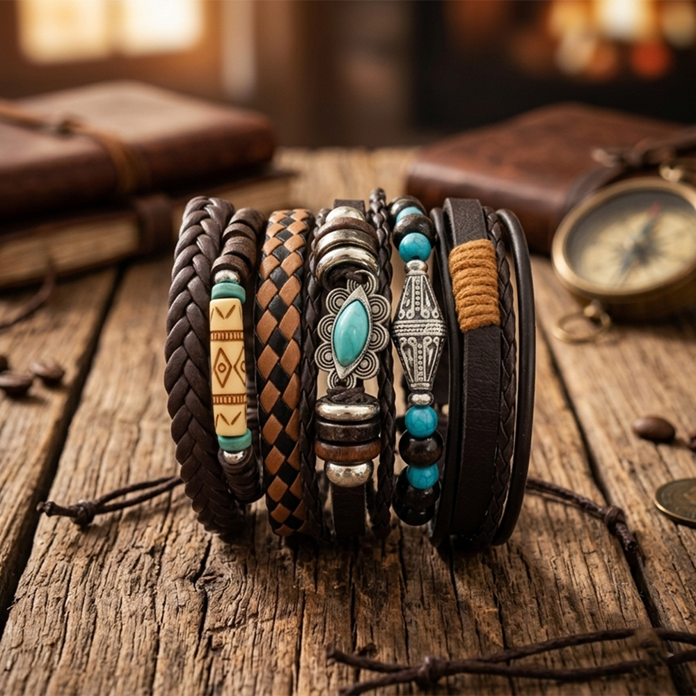 Urthn Layered Beaded Charm Bracelet with Woven Strap Design For Men (Set of 6)