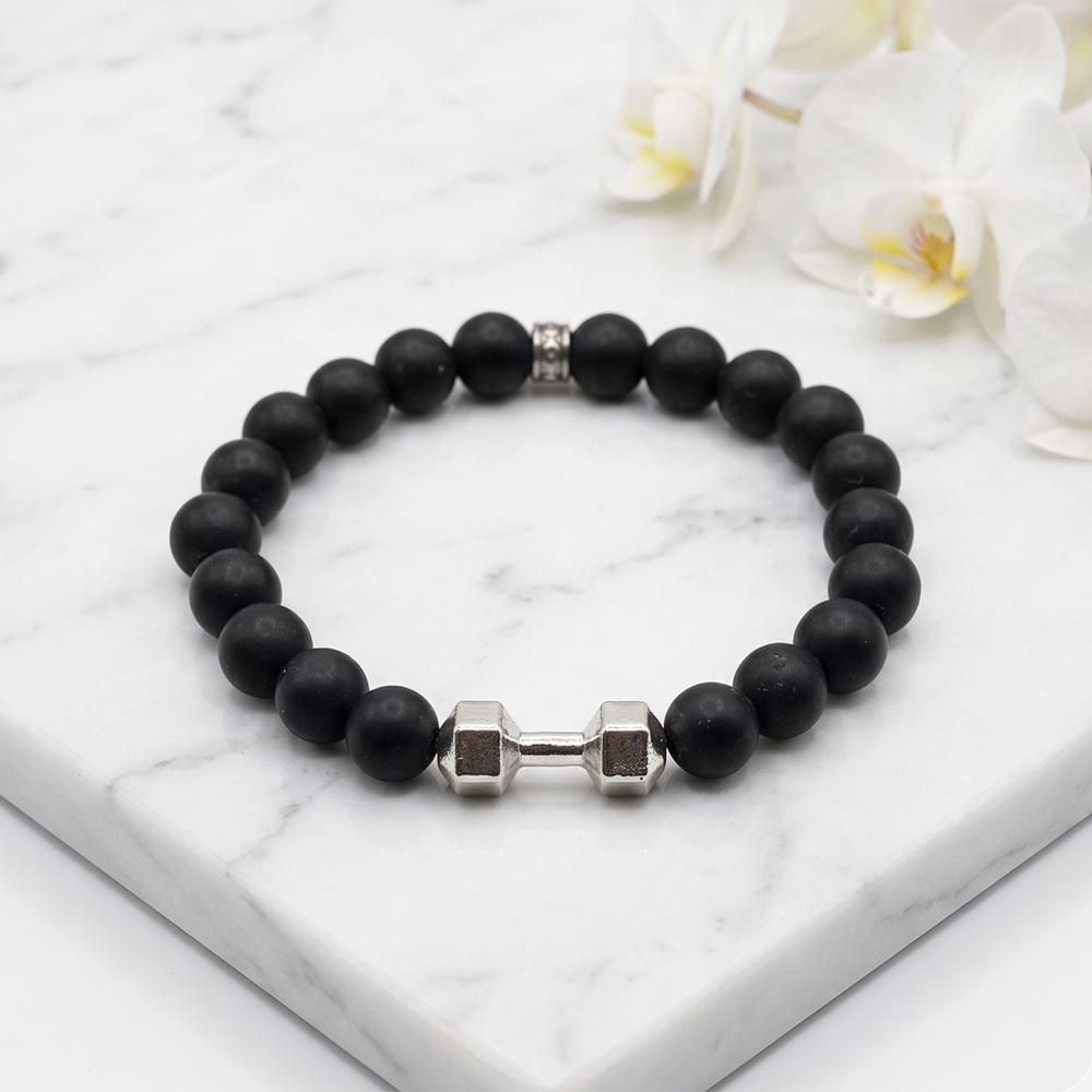 Urthn Premium Matte Stone Bracelet with Dumbbell Charm