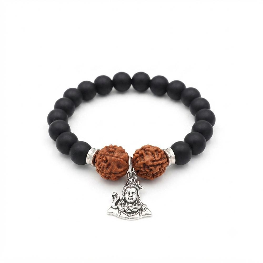 Urthn Rudraksha & Matte Beads Bracelet with Lord Shiva Charm for Mens(Pack of 12)