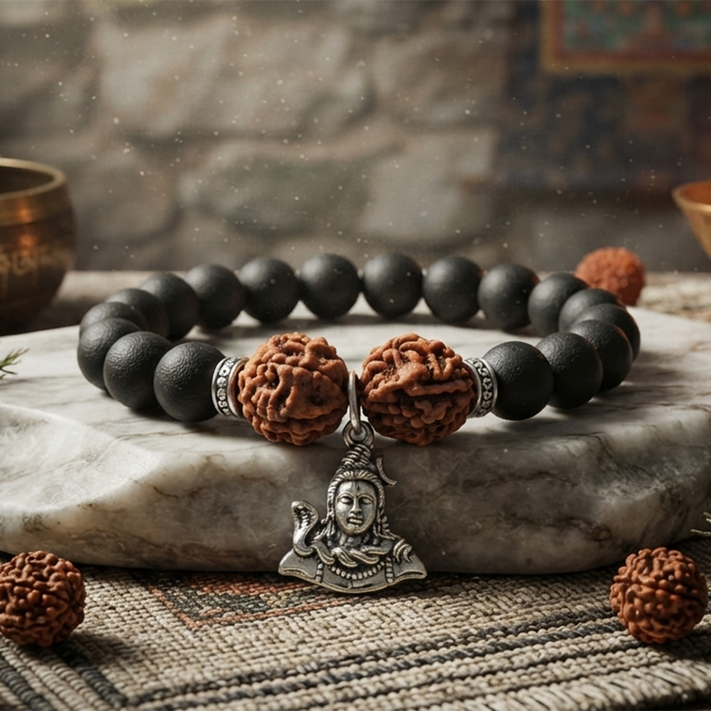 Urthn Rudraksha & Matte Beads Bracelet with Lord Shiva Charm for Mens(Pack of 12)