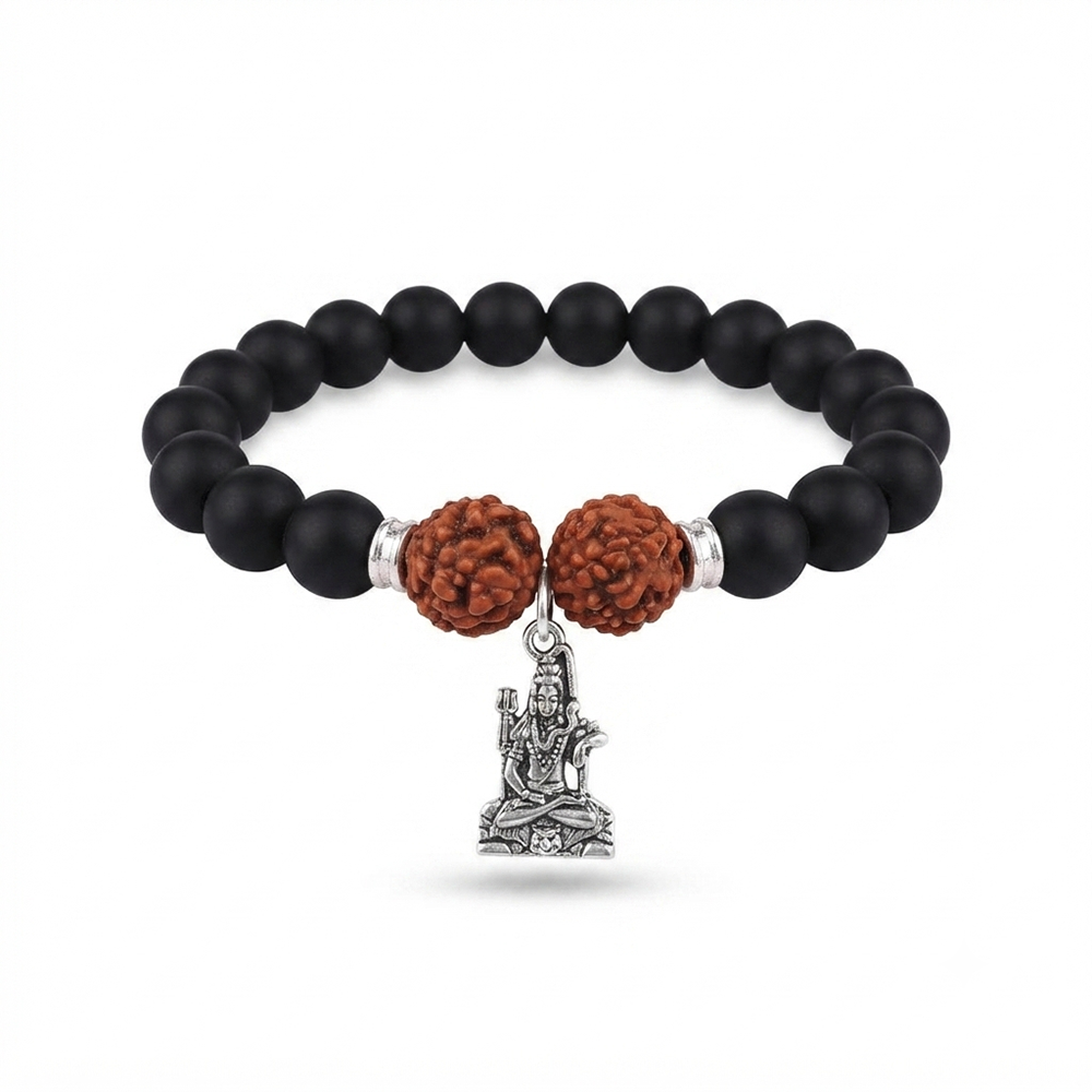Urthn Rudraksha & Matte Beads Bracelet with Lord Shiva Charm for Mens(Pack of 12)