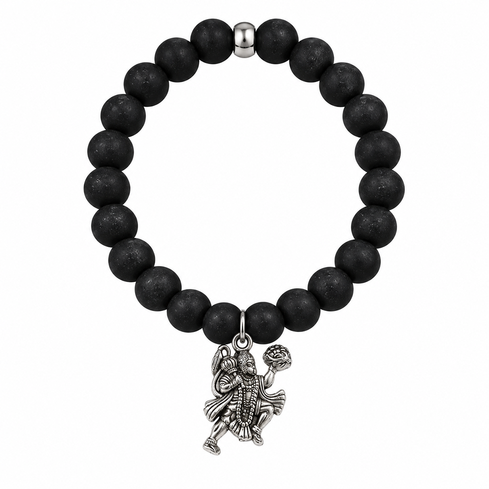 Urthn Black Matte Beads Bracelet with Hanuman Charm for Mens(Pack of 12)