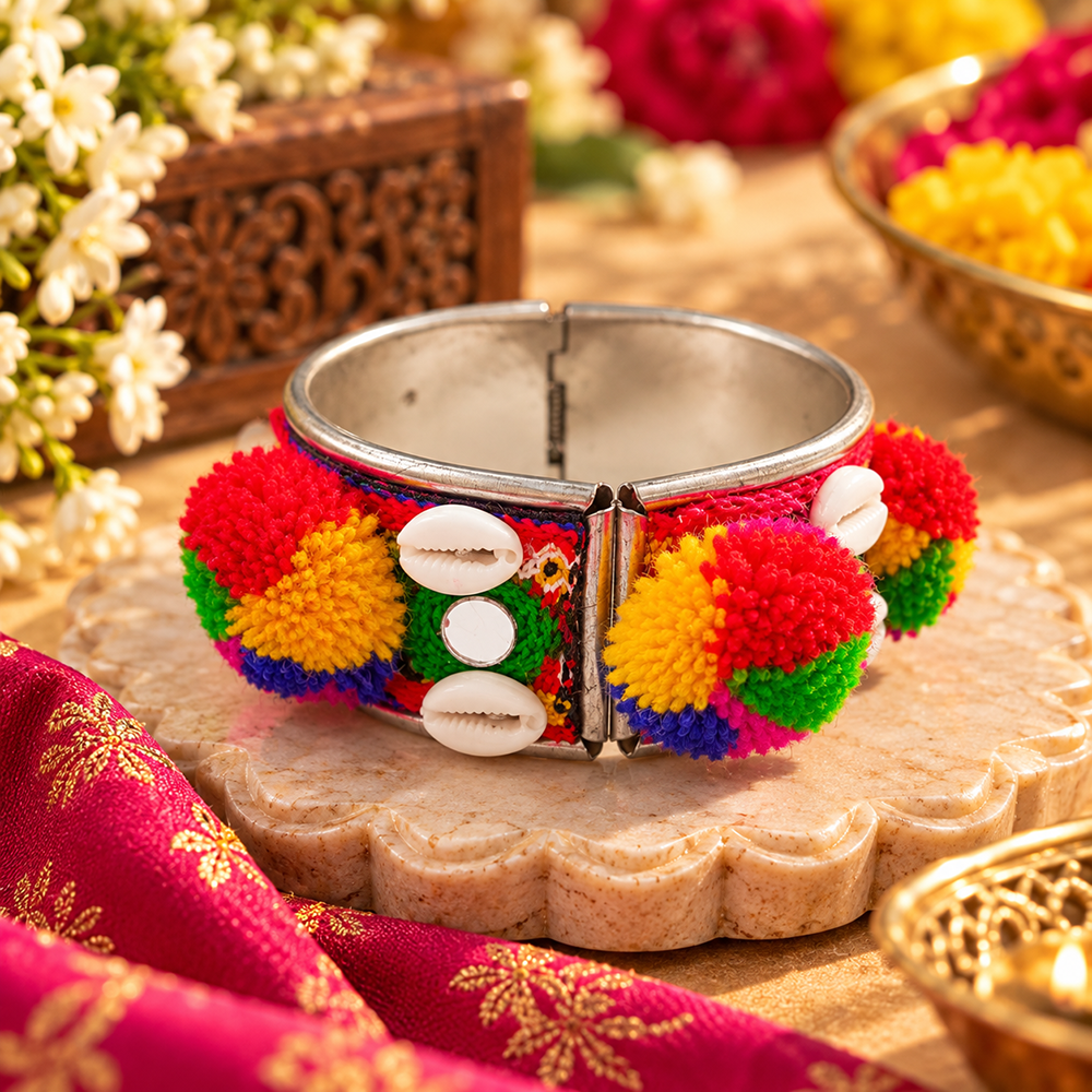 Urthn Vibrant Navratri Pom Pom Shell & Mirror Work Designer Kada Bracelet for Women