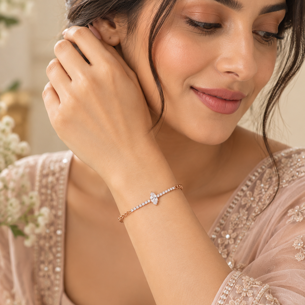 Urthn Everglow Rose Gold Plated Tear Drop Shape American Diamond Bracelet for Women(Pack Of 6)