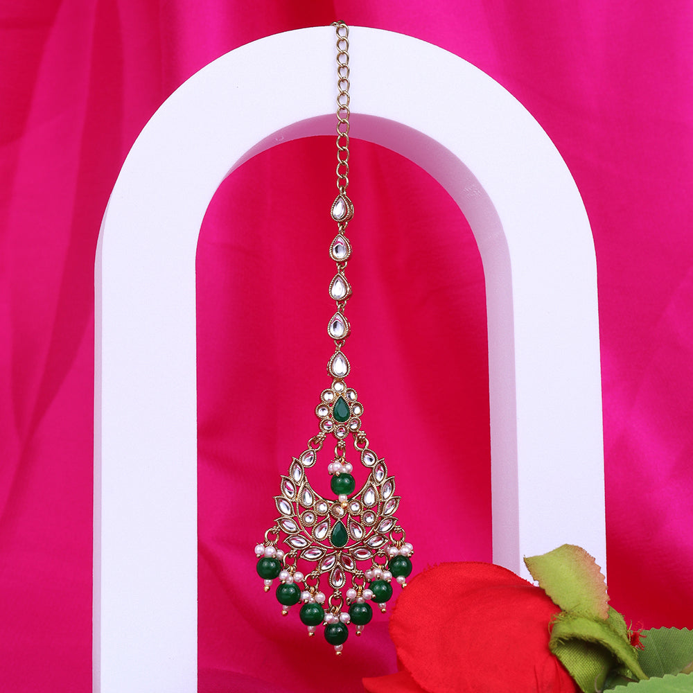 Saloni Fashion Jewellery Traditional Chandiler and Flower Shape Silver Gold Plated Brass Set of 2 Combo Maang Tikka For Women