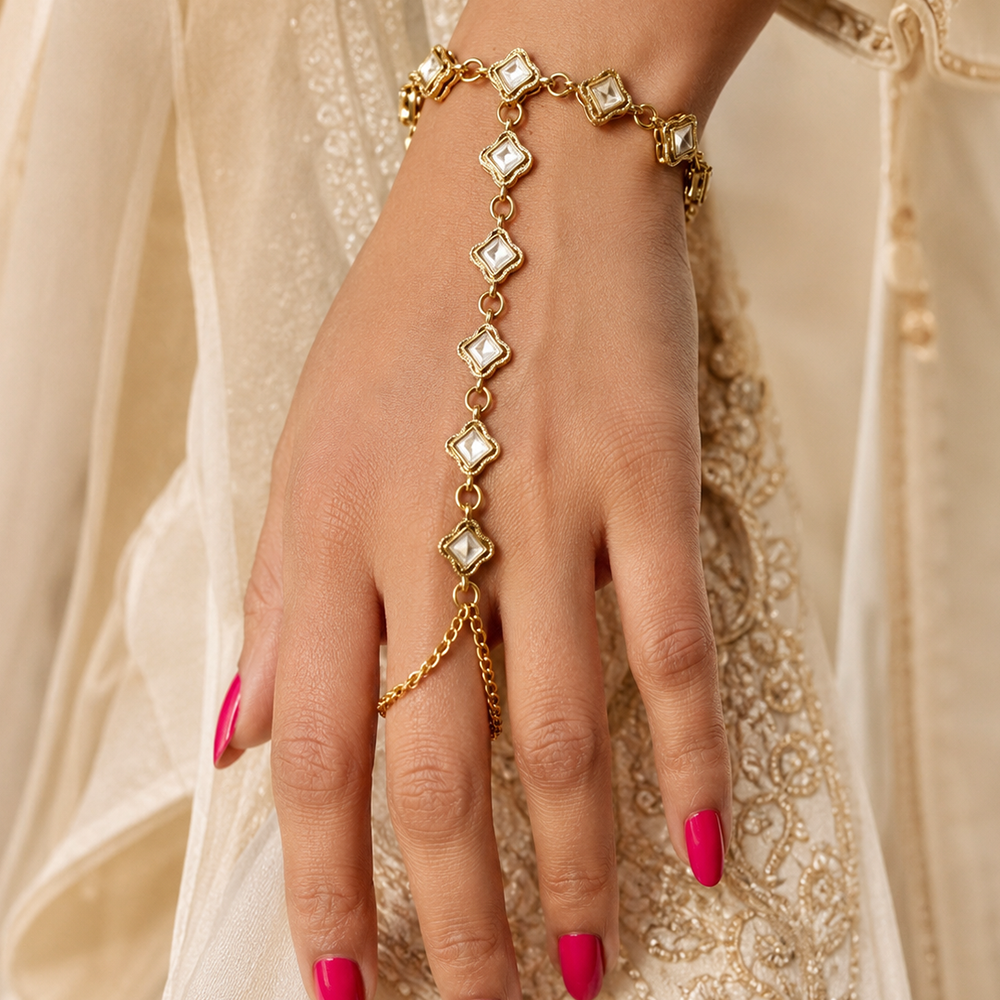 Darshana Jewels Gold Plated Kundan Stone Hath Panja Traditional Hand Jewellery for Women (Pack of 3)