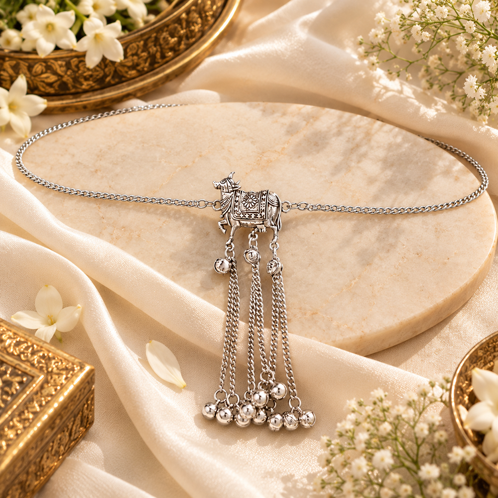 Urthn Beautiful Oxidised Plated Waist Band \ Kamarband With Cow Motif and Ghungroo Drops - 1508601