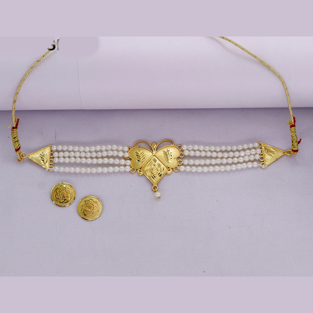 Mahavir Traditional Gold Forming Look Pearl Choker Necklace Set