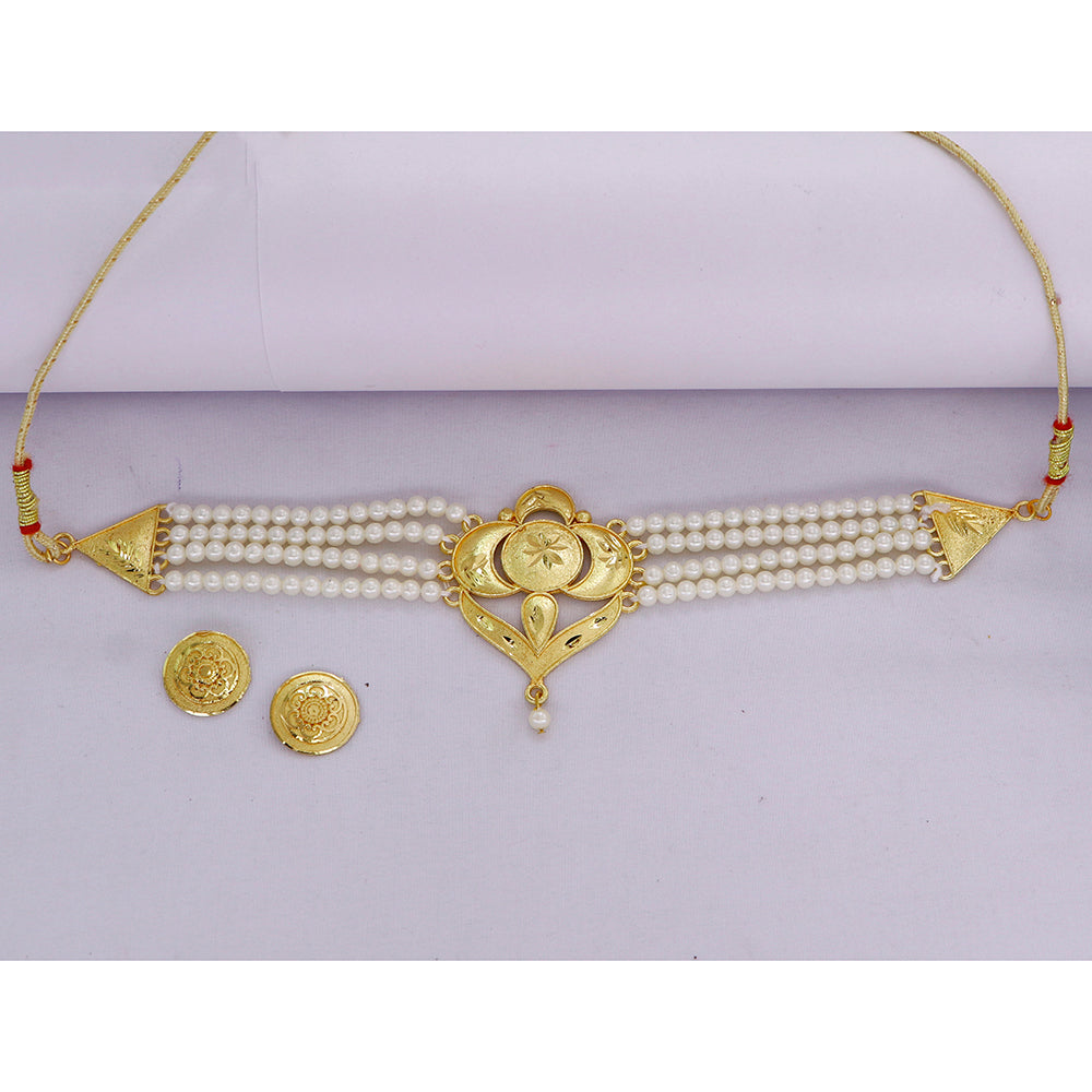 Mahavir Gold Plated Pearl Choker Necklace Set