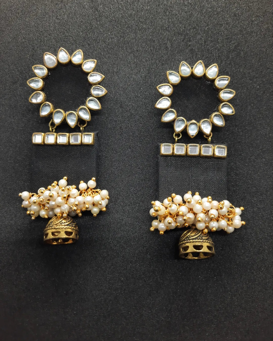 Handmade For Her Women's Handmade Black Wooden Earring With Kundan And Beads On Fabric