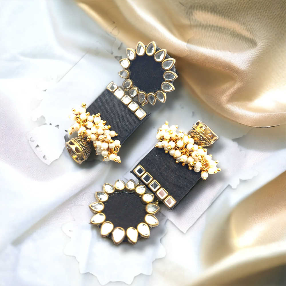 Handmade For Her Women's Handmade Black Wooden Earring With Kundan And Beads On Fabric